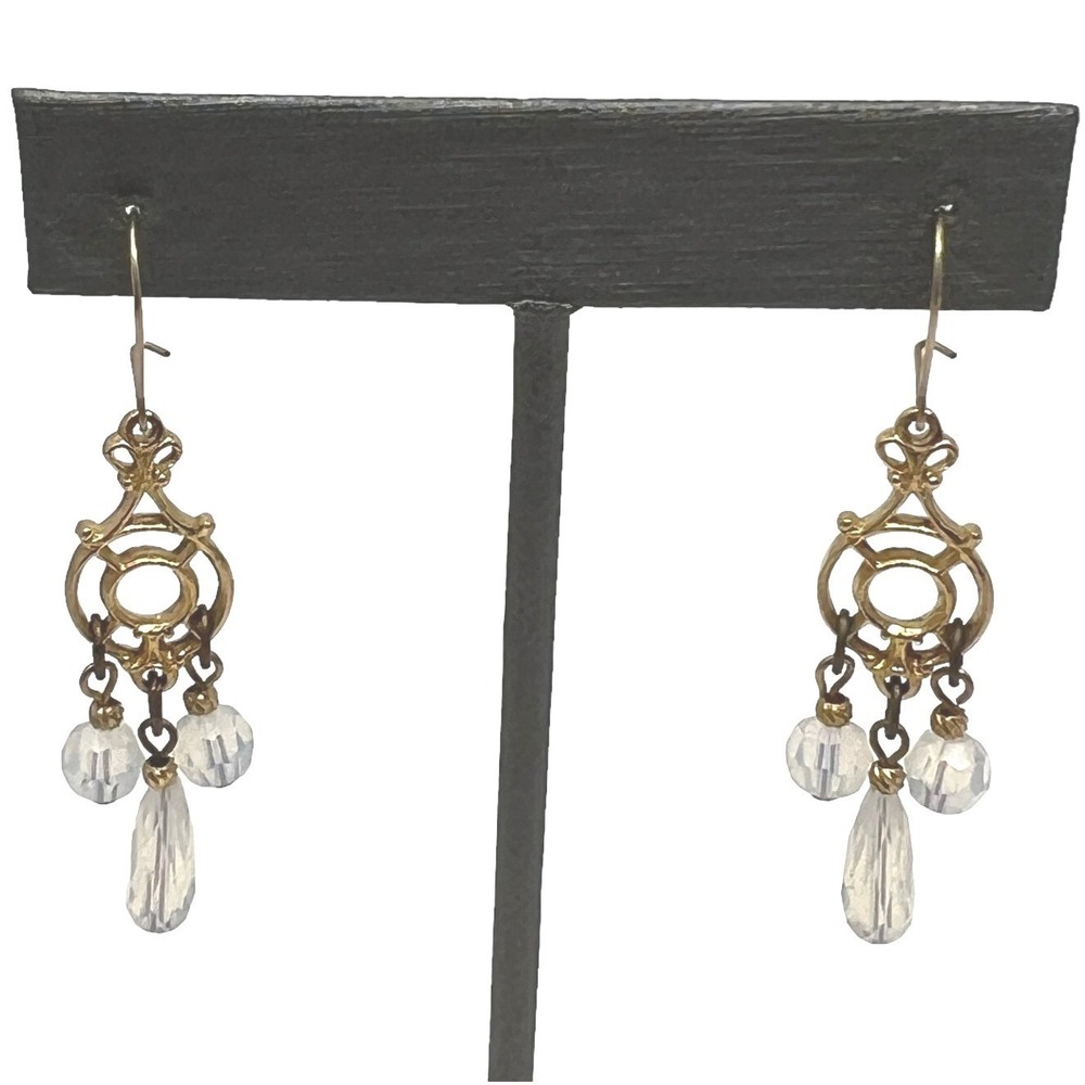 Vintage Wire Pierced Earrings Clear Iridescent Beads‎ Gold Tone